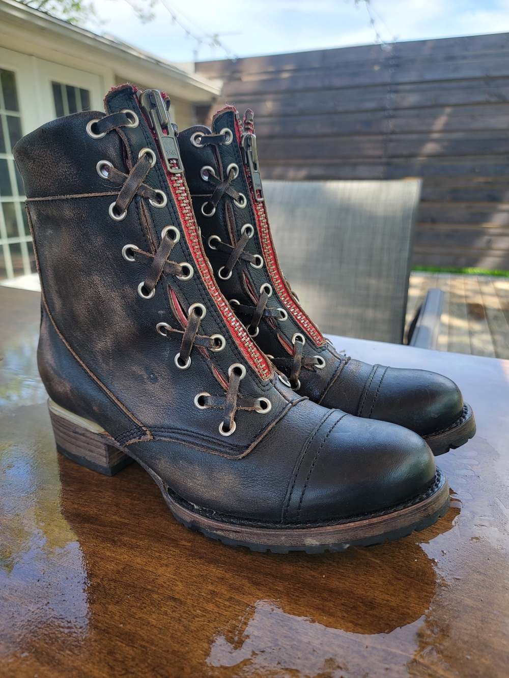 Women's Black Leather Lace-Up Ankle Boots with Red Zip Accent